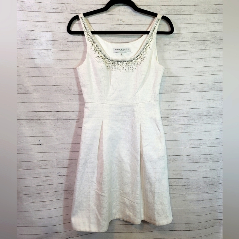 TRINA TURK BEADED SCOOP NECK FIT & FLARE DRESS, SZ 0